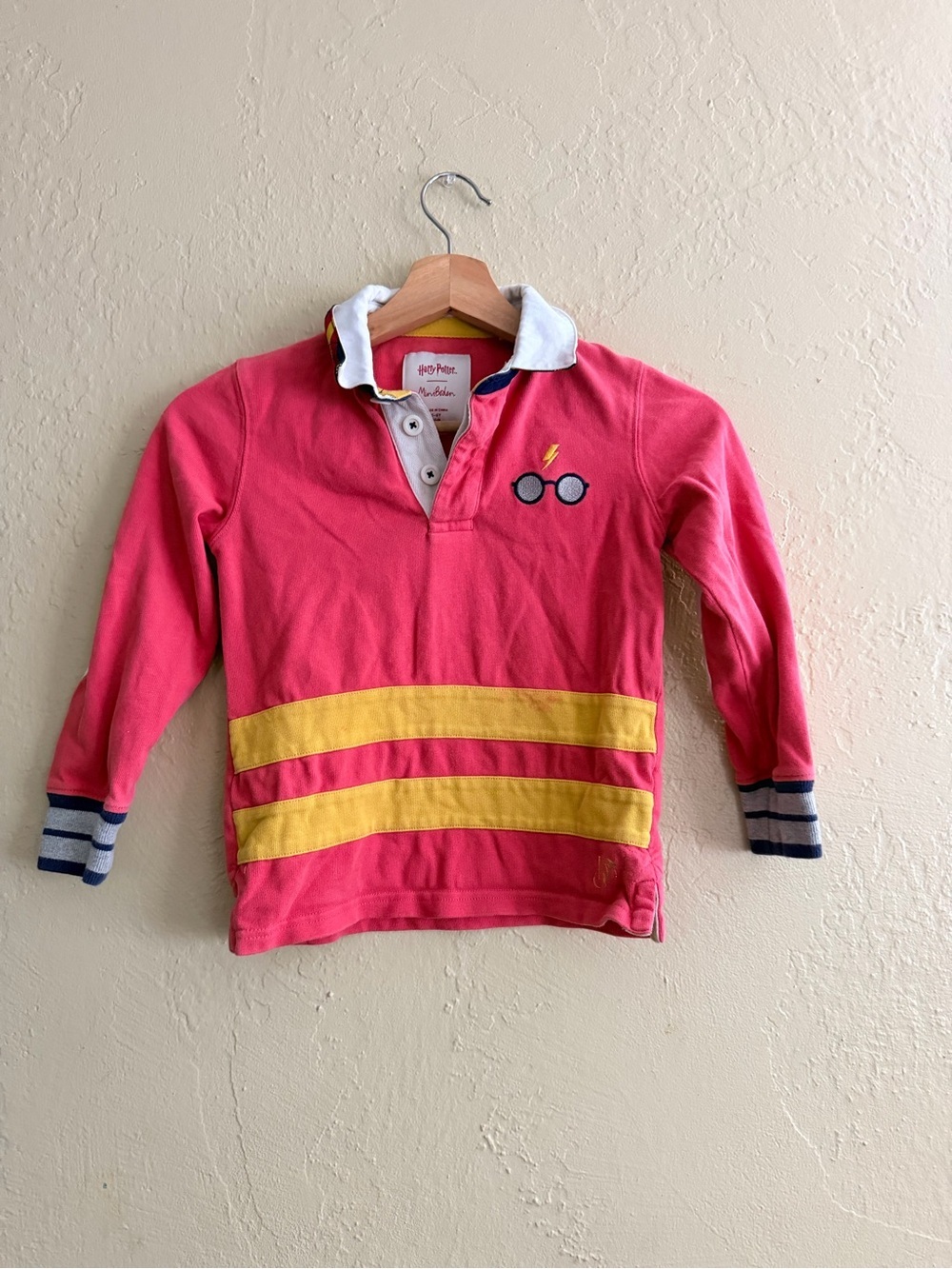Mini Boden Red Polo with Yellow Stripes and Embroidered Harry Potter Glasses